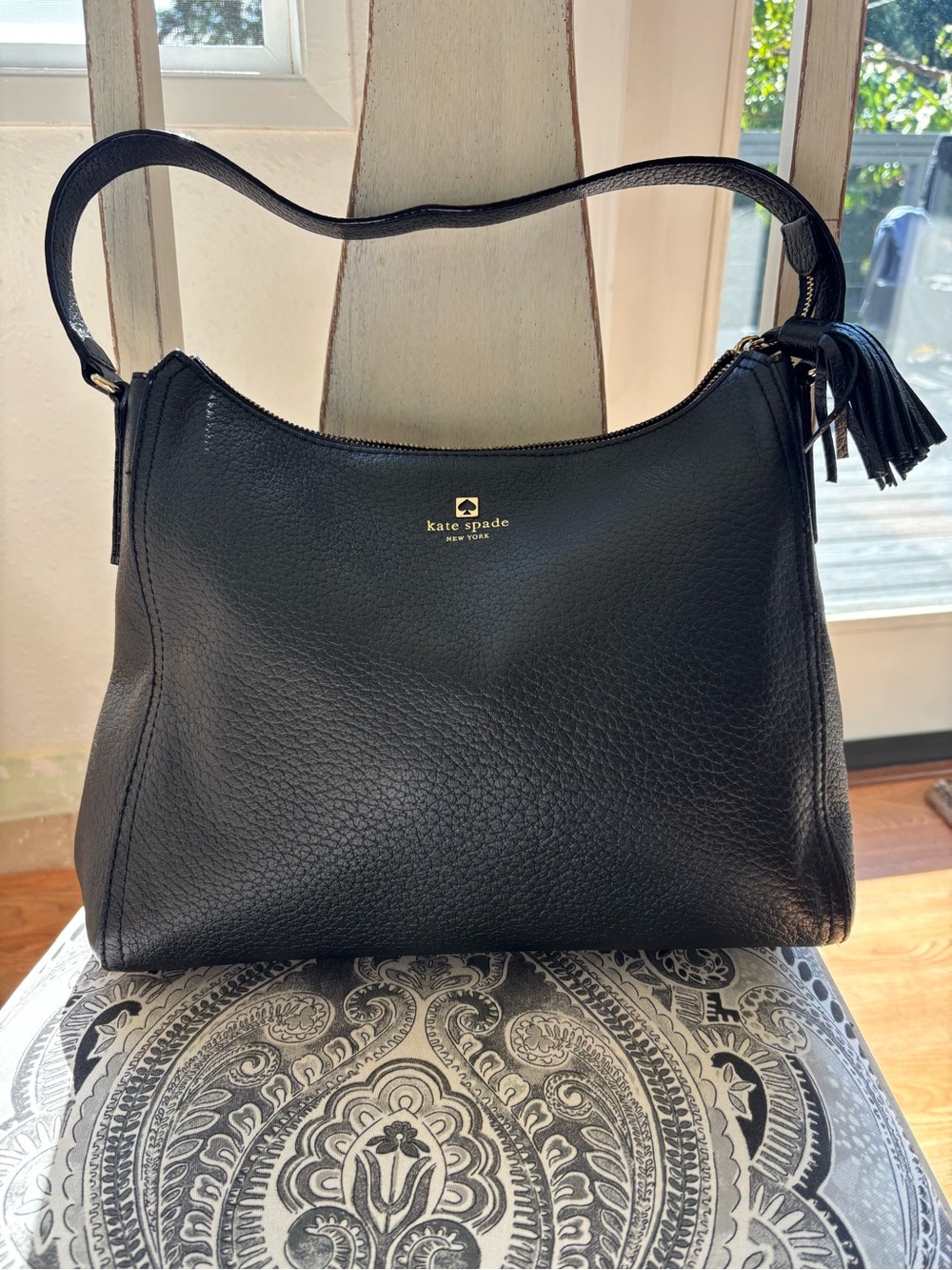 kate spade Black Pebbled Leather Shoulder Tote with Tassel